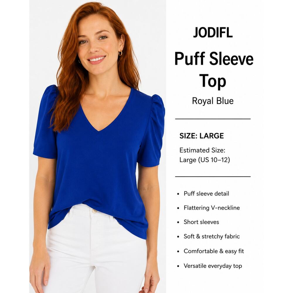 Jodifl Royal Blue Puff Sleeve V Neck Blouse Top Womens Estimated Large